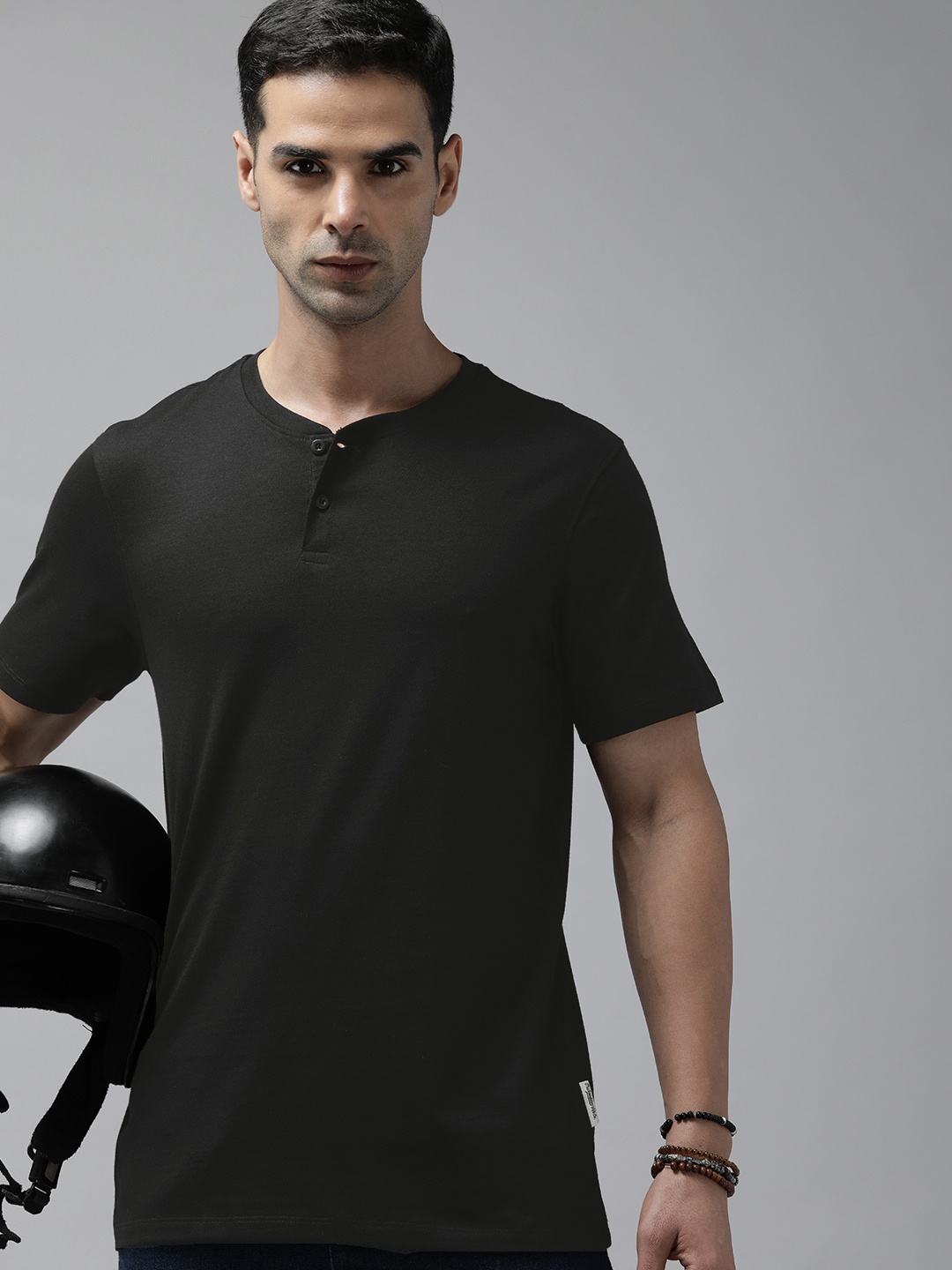 

The Roadster Lifestyle Co. Men Henley Neck Pure Cotton T-shirt, Black