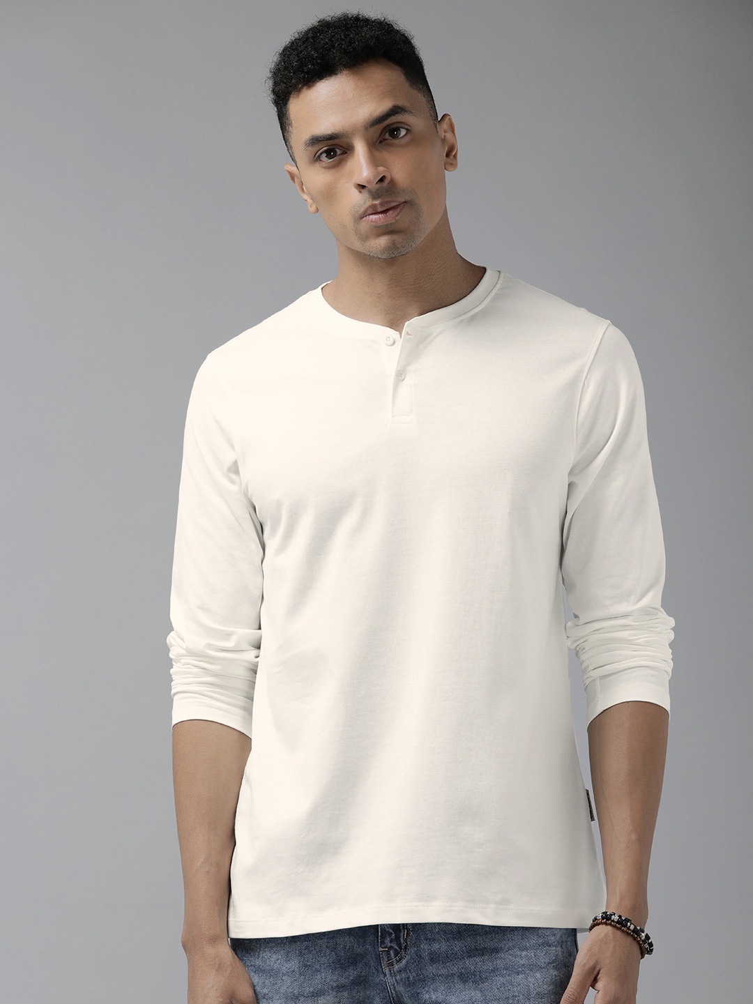 

The Roadster Lifestyle Co. Men White Henley Neck Pure Cotton T-shirt
