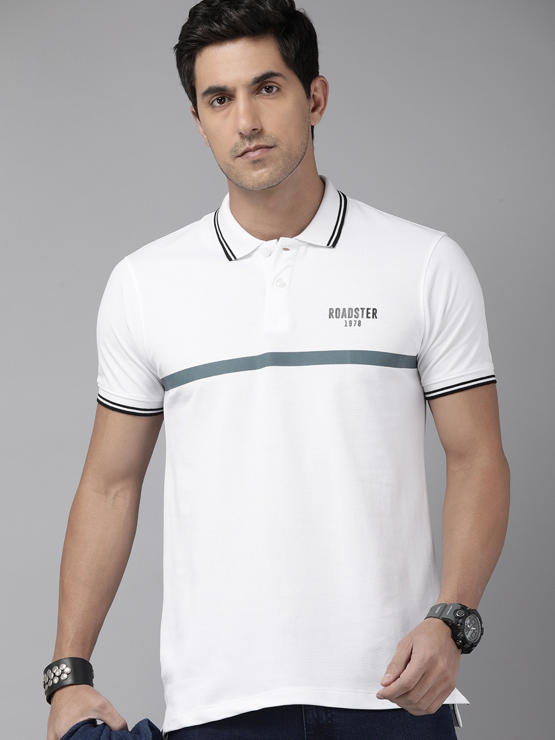 

The Roadster Lifestyle Co. Men Striped Polo Collar Pure Cotton T-shirt, White
