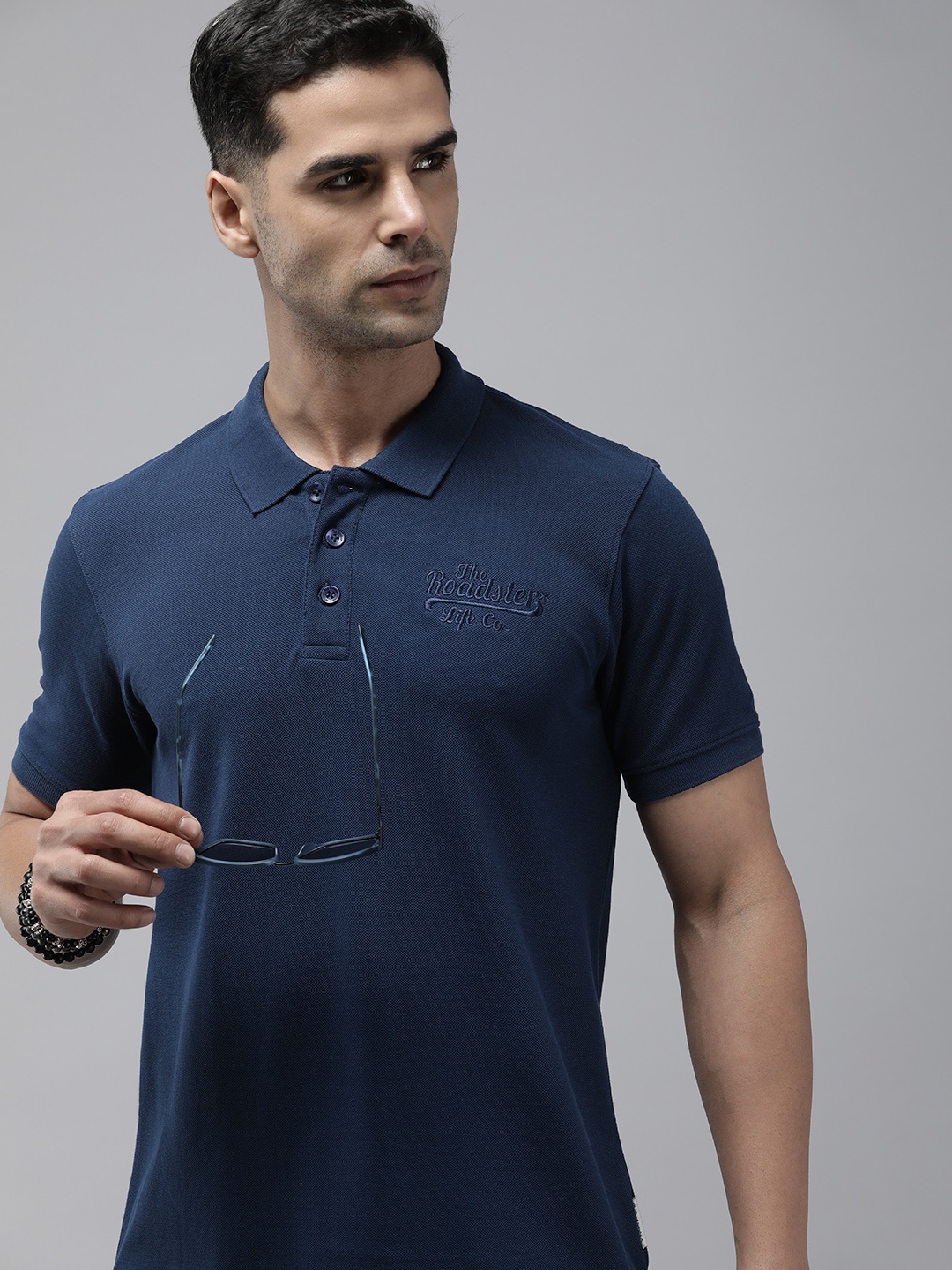 

The Roadster Lifestyle Co. Embroidered Brand Logo Polo Collar Pure Cotton T-shirt, Navy blue