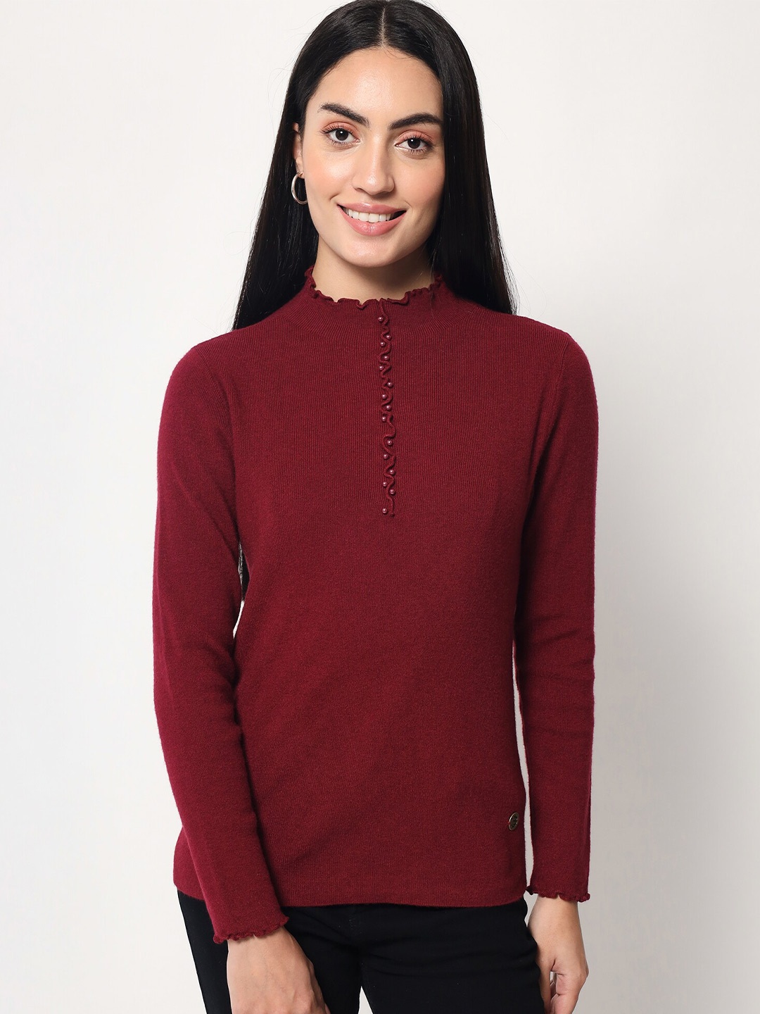 Beatnik Women Ribbed Woolen Pullover, Maroon