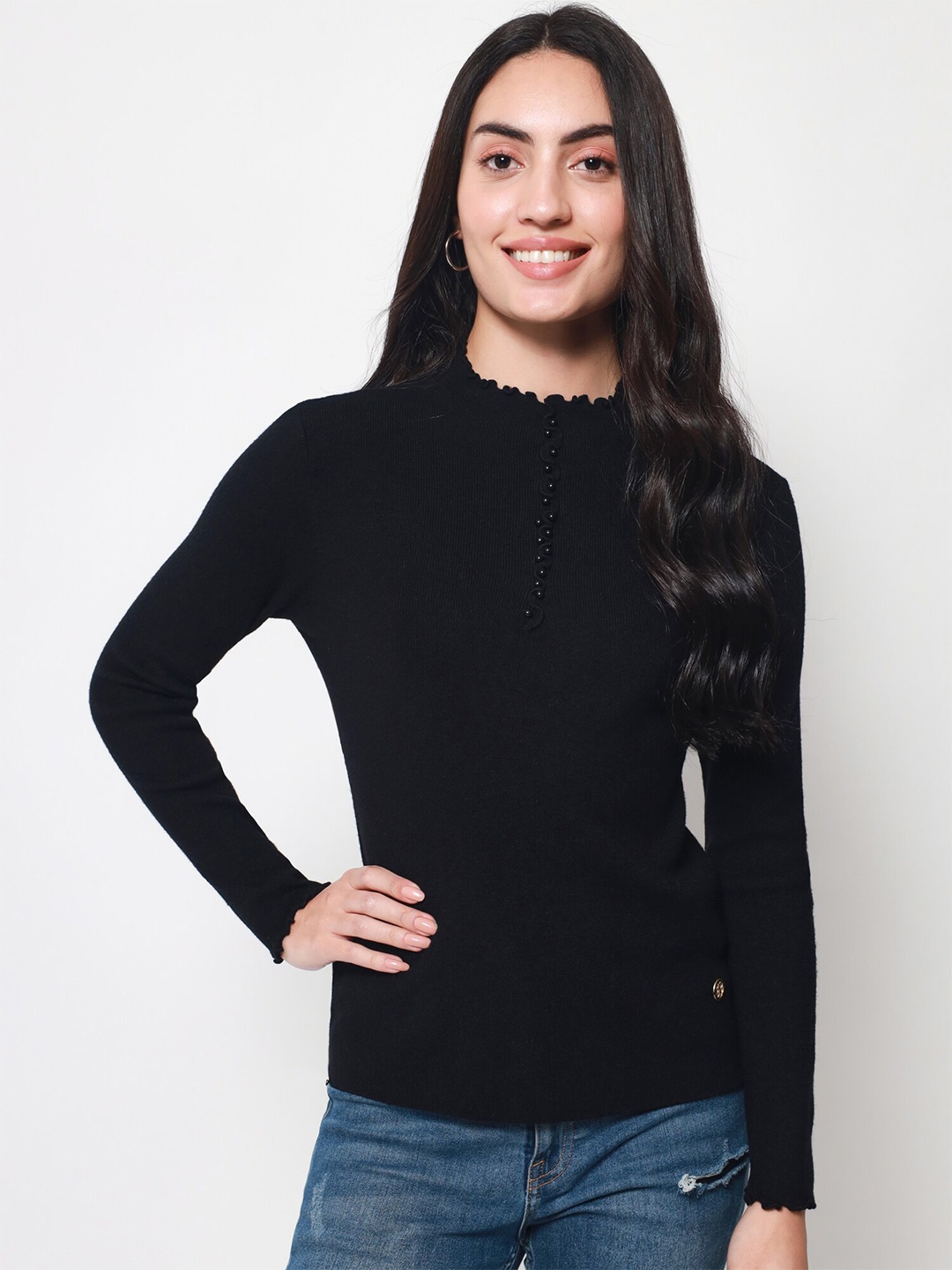 

Beatnik Women Ribbed Woolen Pullover, Black
