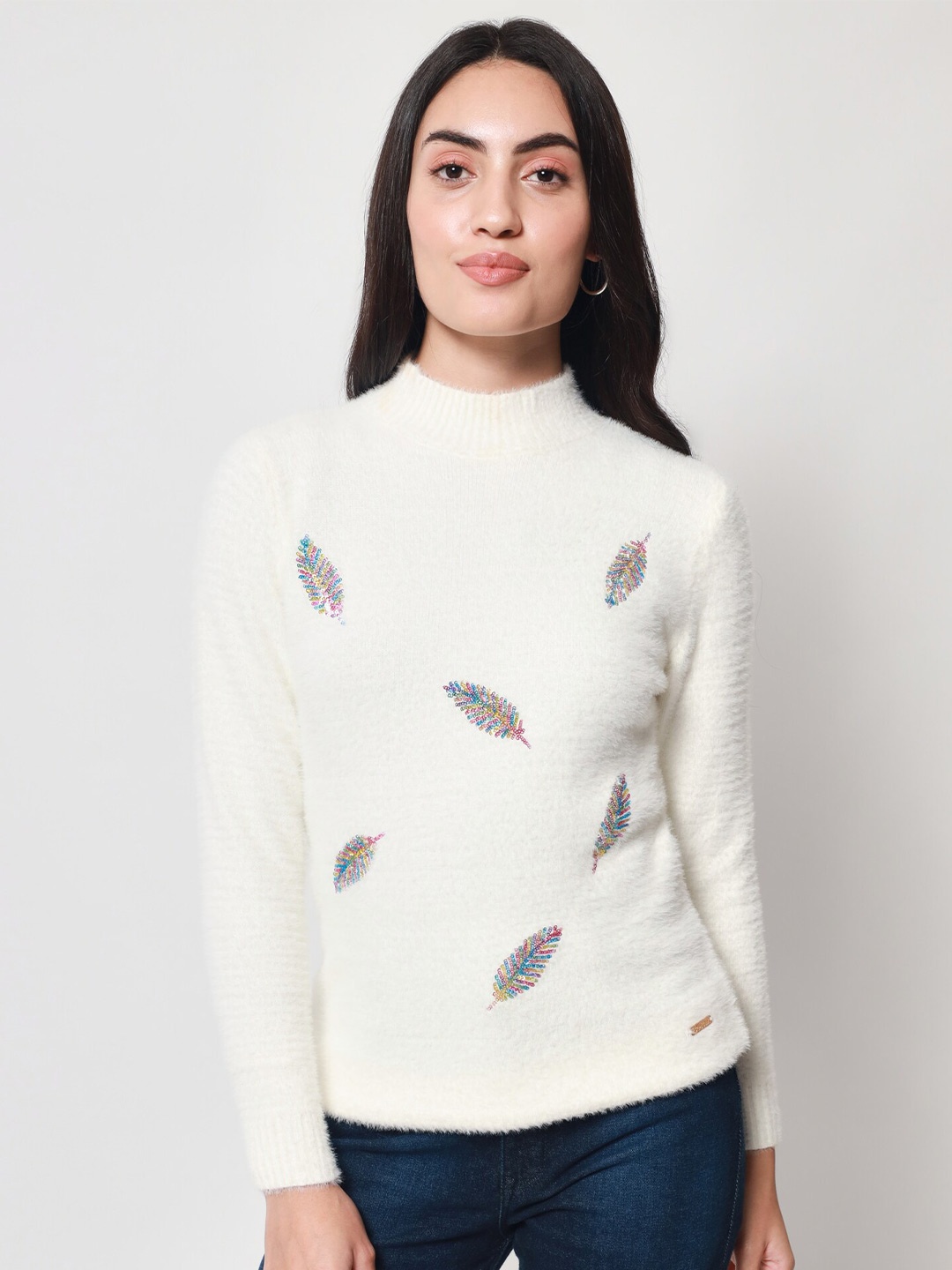 

Beatnik Women Embroidered Woolen Pullover, White