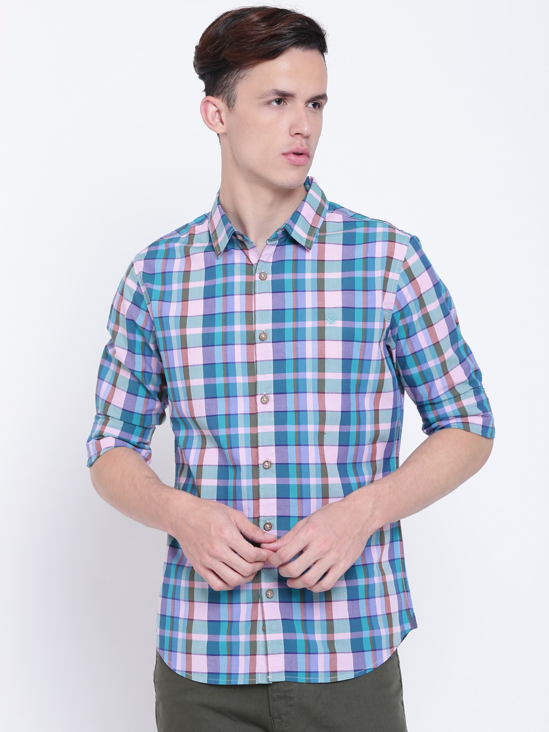 

United Colors of Benetton Men Blue & Pink Slim Fit Checked Casual Shirt