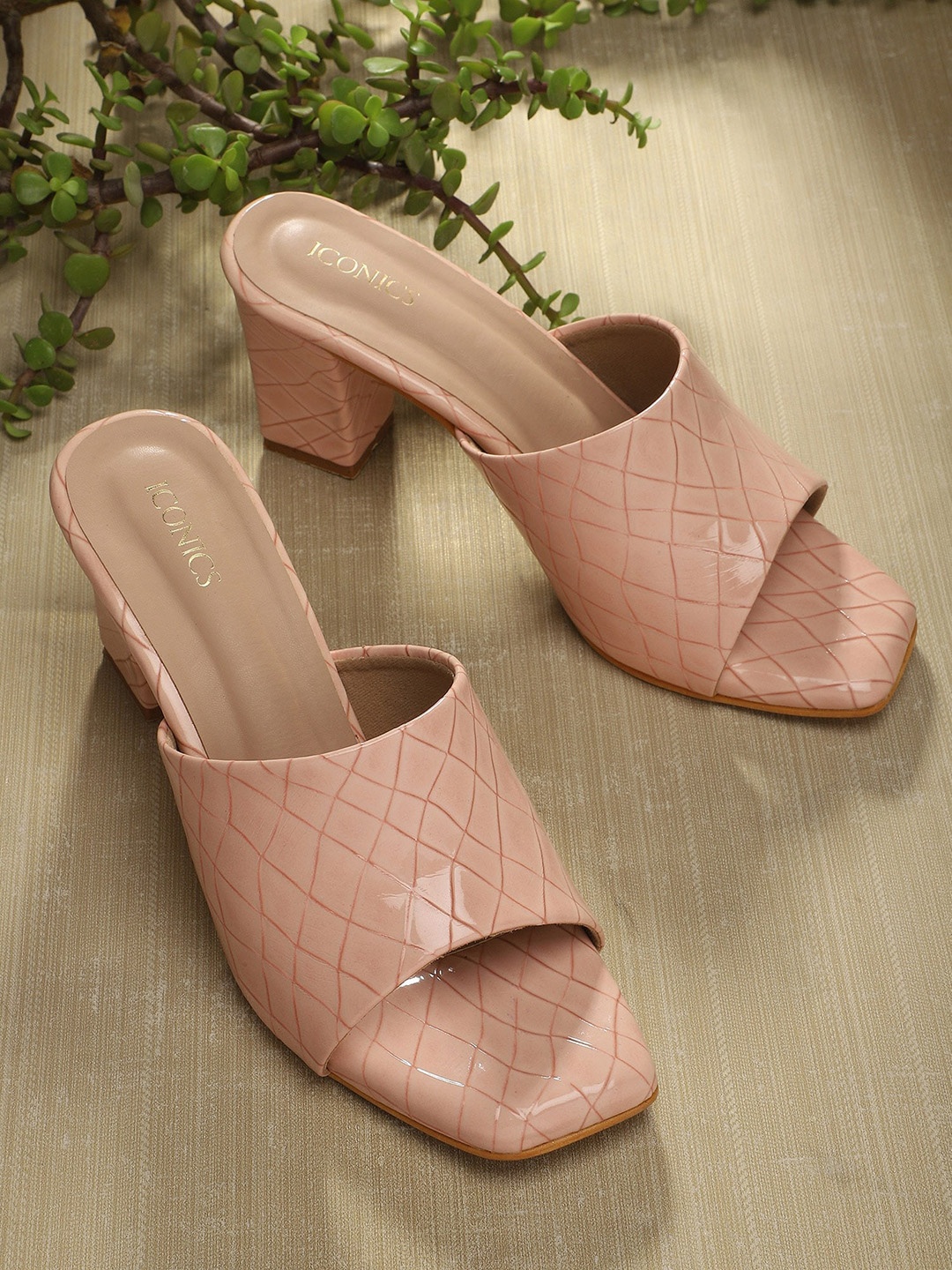 

ICONICS Square Toe Textured Block Mules, Pink