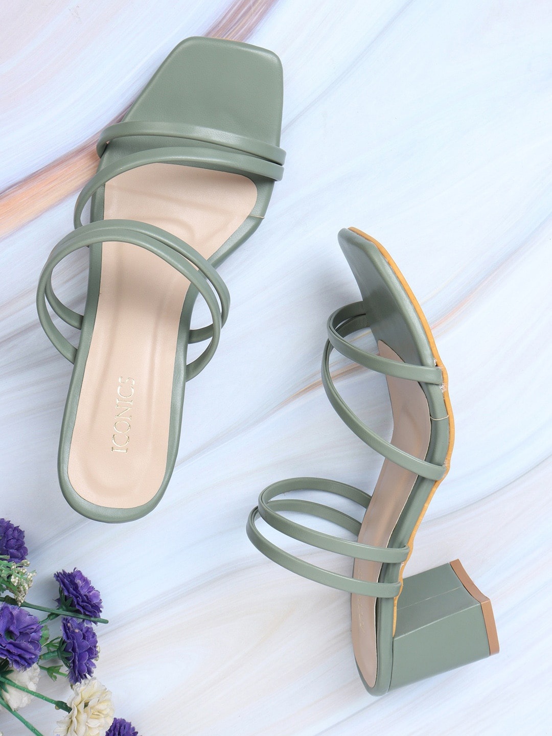 

ICONICS Square Toe Open Back Block Heels, Green