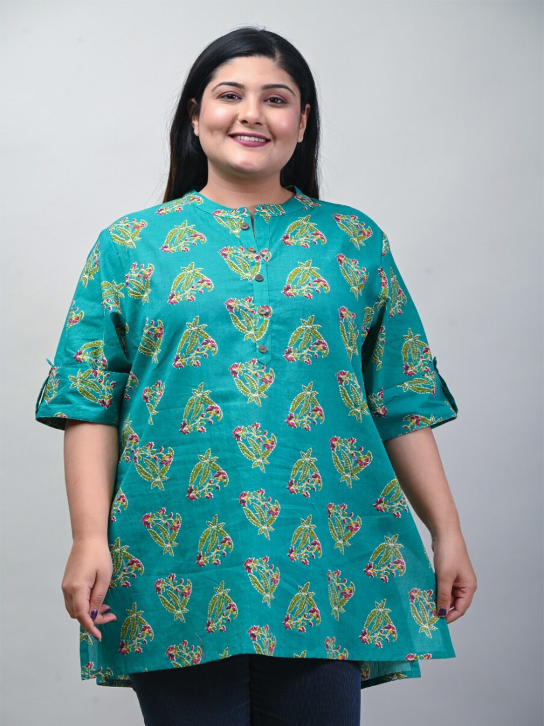 

Swasti Women Plus Size Floral Printed Pure Cotton Kurti, Turquoise blue