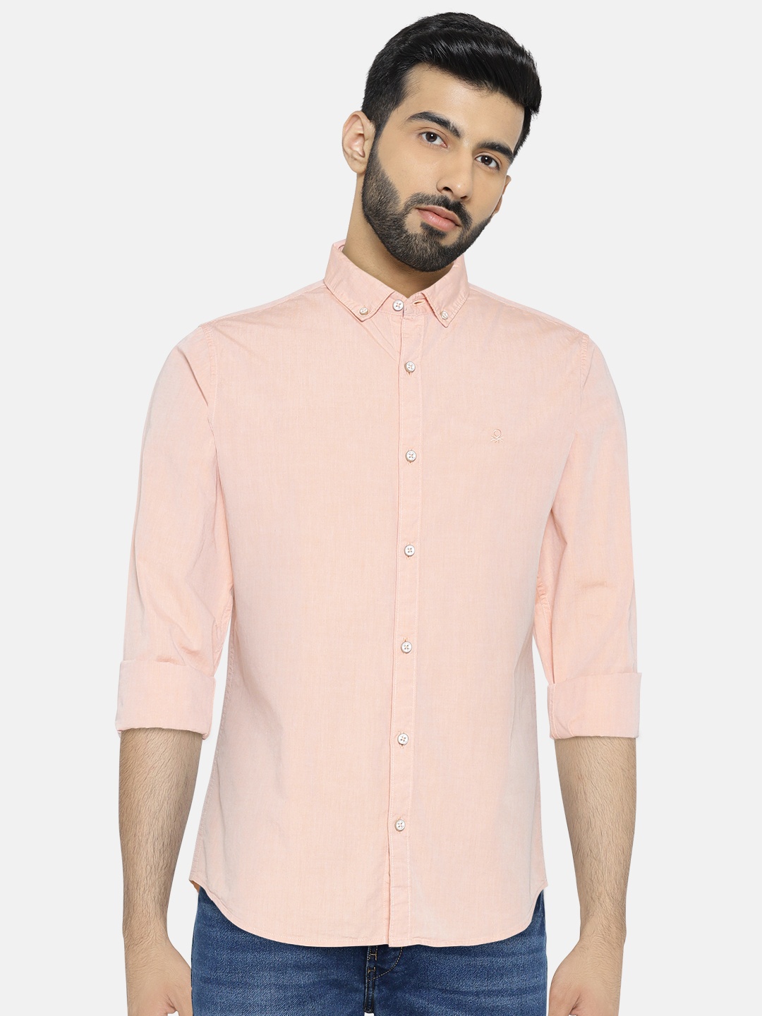 

United Colors of Benetton Men Peach-Coloured Slim Fit Solid Casual Shirt