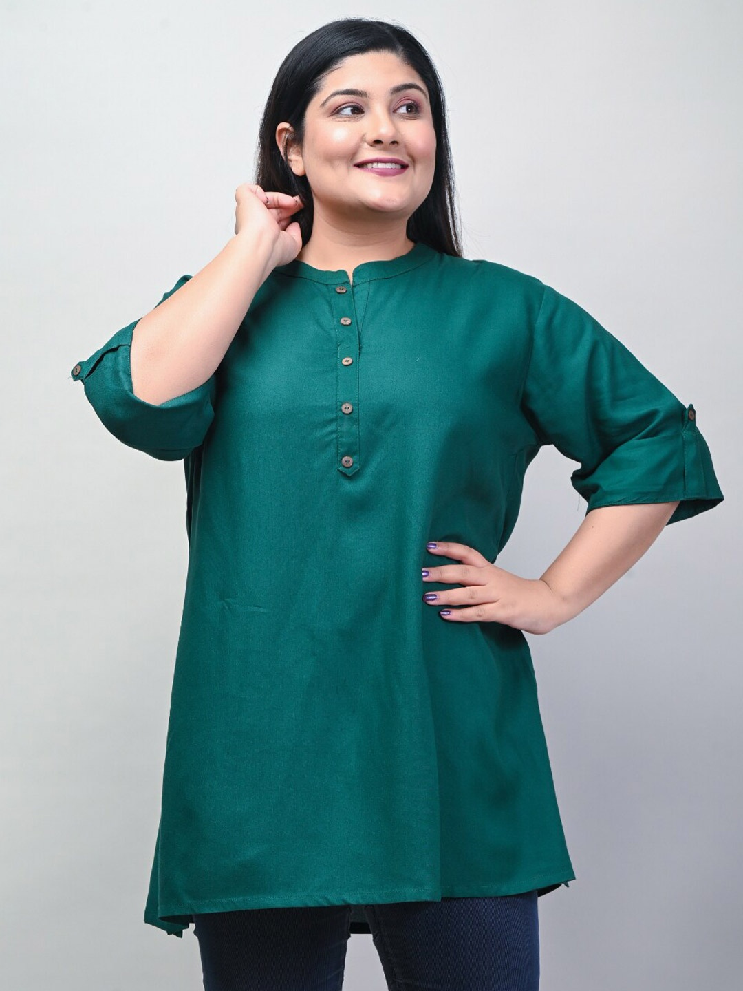 

Swasti Women Plus Size Band Collar Pure Cotton Kurti, Green
