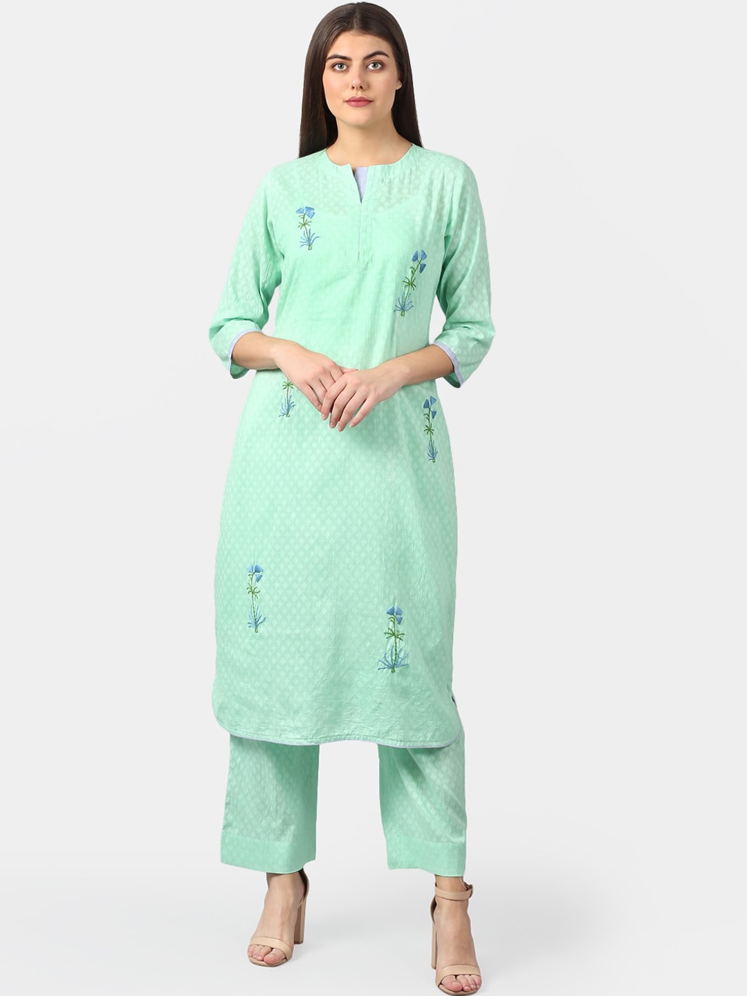 DART STUDIO Floral Embroidered Thread Work Jacquard Cotton Kurta, Sea green