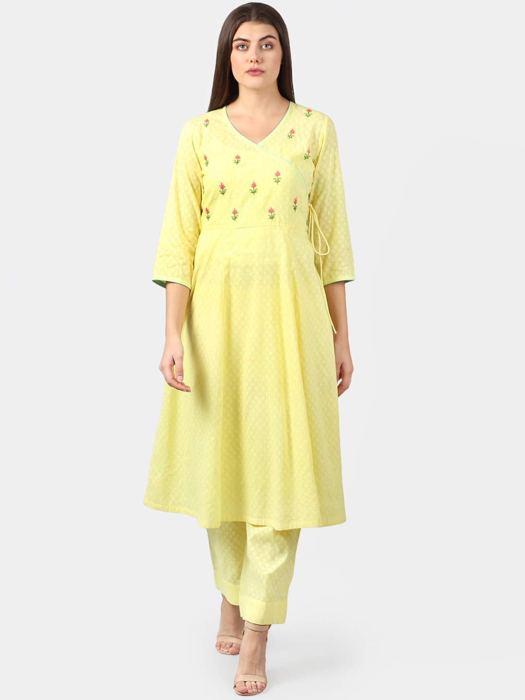 

DART STUDIO Floral Embroidered Thread Work Jacquard Cotton Kurta, Yellow