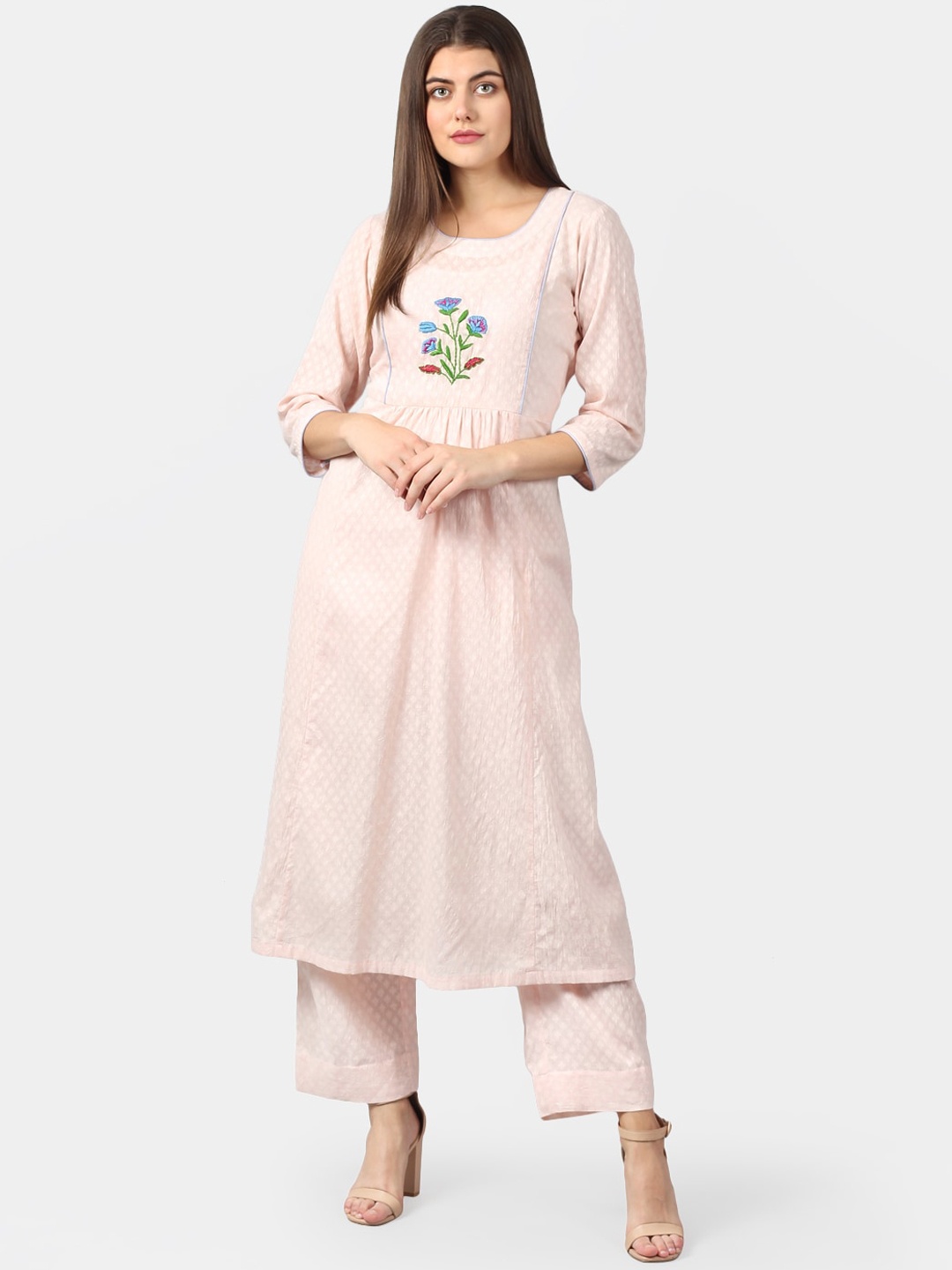 DART STUDIO Women Yoke Design Pure Cotton A-Line Kurta, Peach