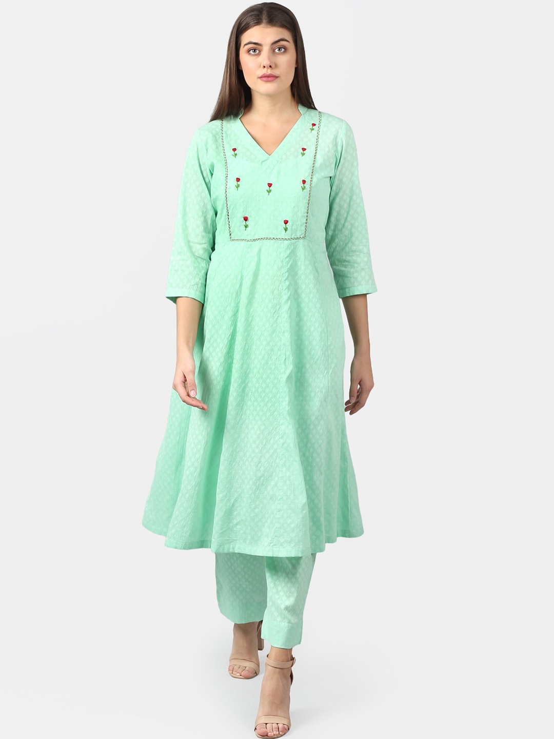 

DART STUDIO Yoke Design Pure Cotton Anarkali Kurta, Sea green