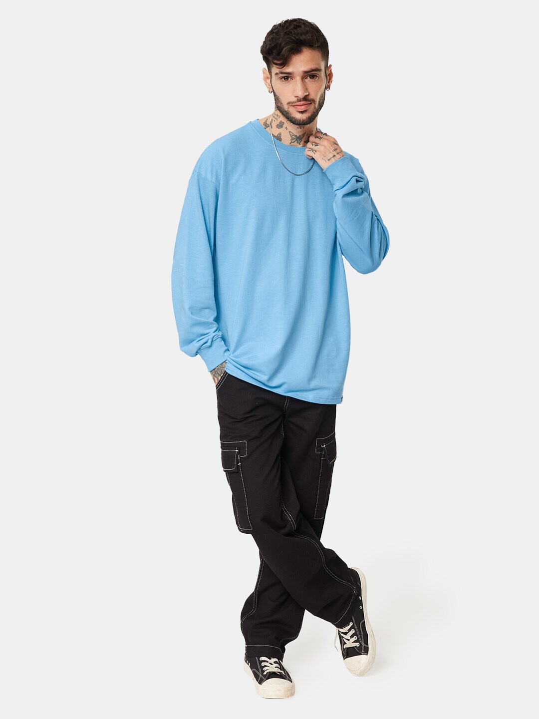 

The Souled Store Men Long Drop Shoulder Sleeve Longline Oversize Fitted Oversized T-Shirt, Blue