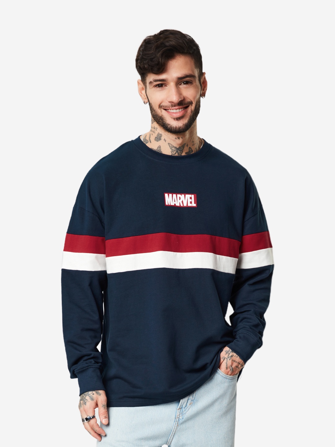 

The Souled Store Men Colourblocked Oversize Fit Cotton Oversized T-Shirt, Navy blue