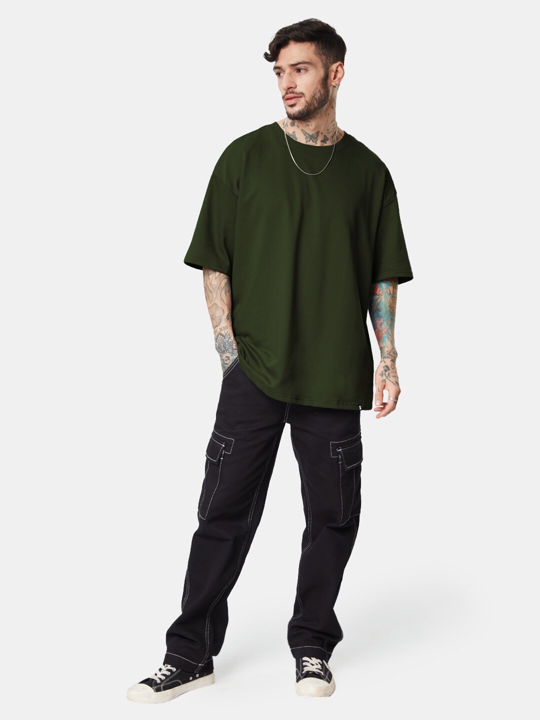

The Souled Store Men Round Neck Drop-Shoulder Oversized T-Shirt, Olive