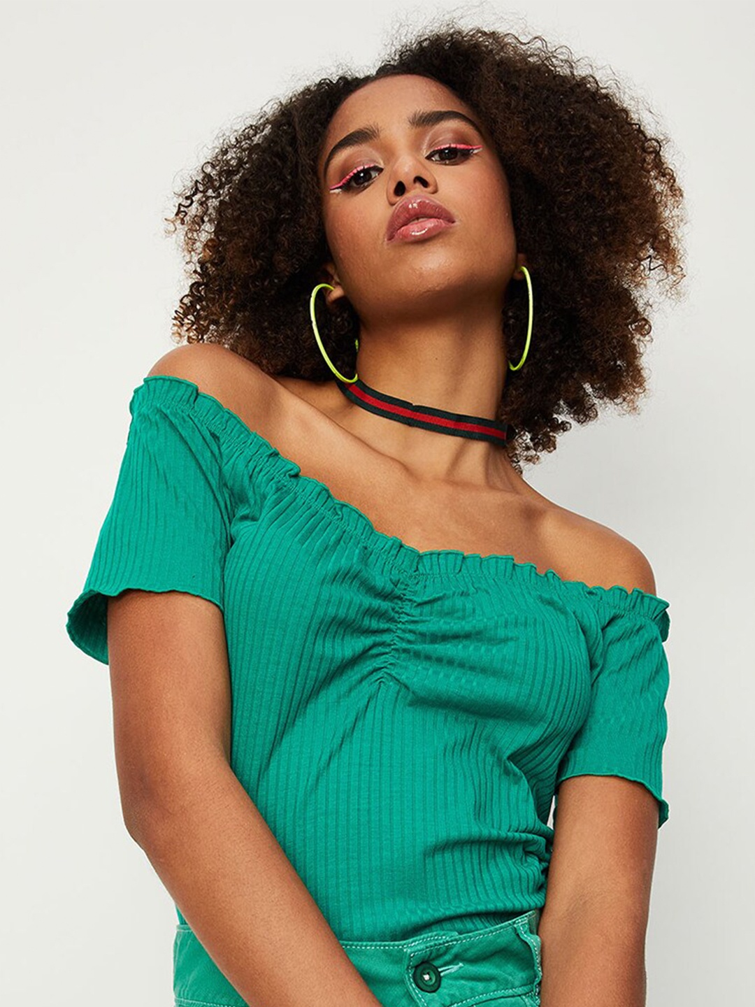 

max Striped Off-Shoulder Ruched Crop Top, Green