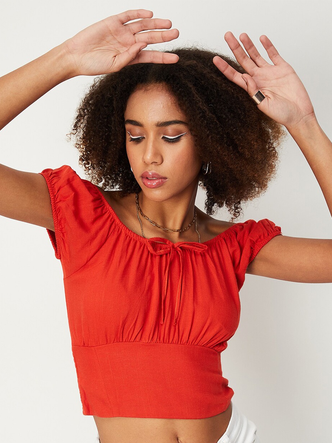 

max Rust Off shoulder Smocked Crop Top