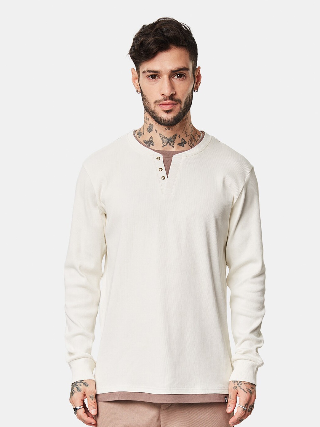

The Souled Store Men Henley Neck Pure Cotton T-shirt, Beige