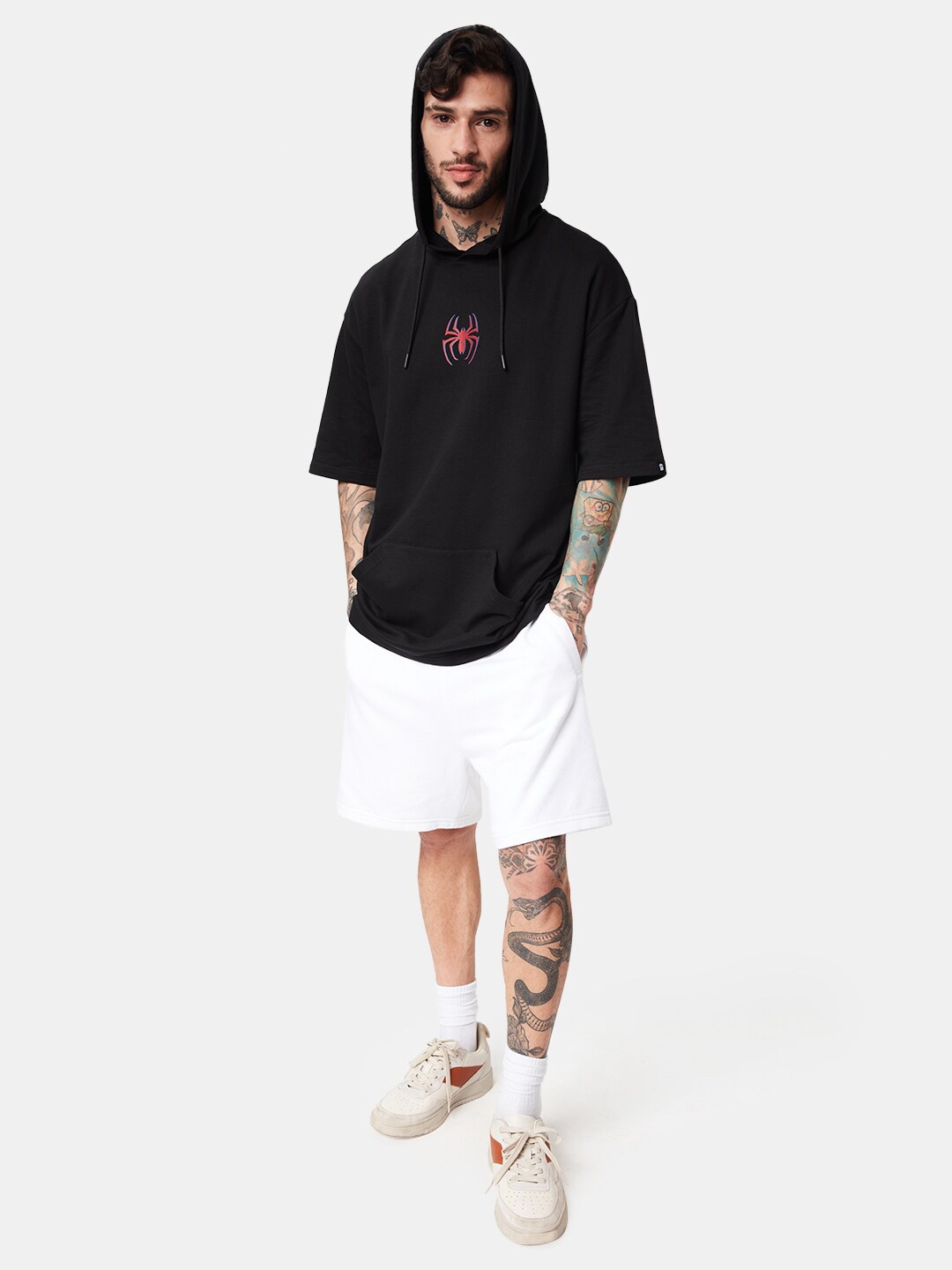 

The Souled Store Men Spider-Man Printed Hooded Oversize Pure Cotton T-shirt, Black