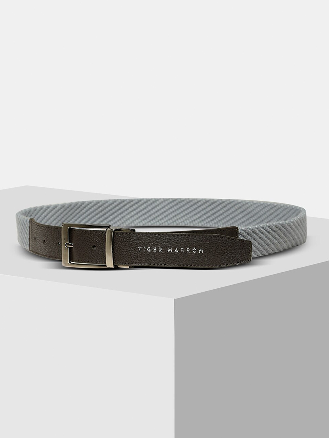 

TIGER MARRON Men Woven Design Leather Reversible Belt, Grey