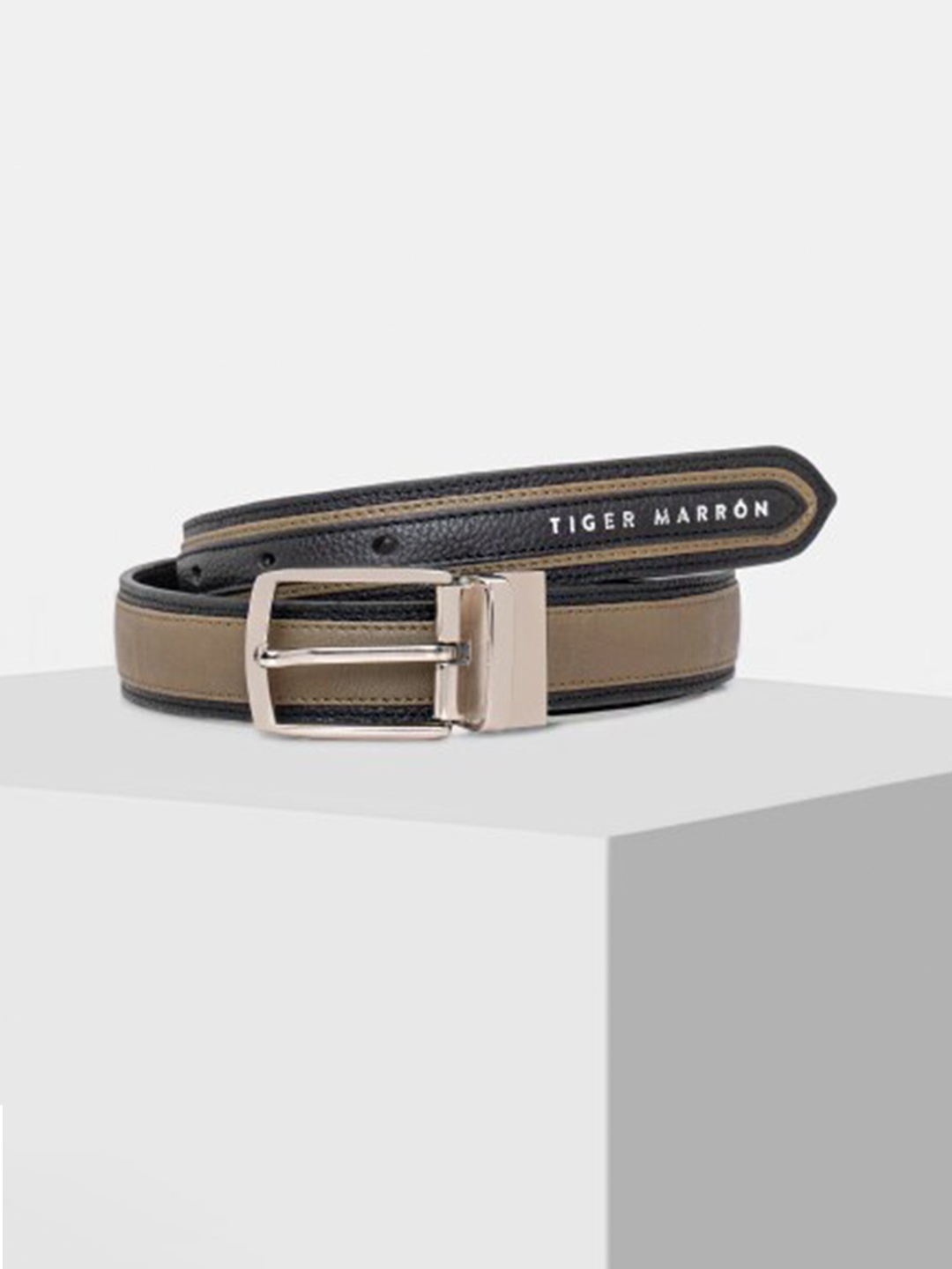 

TIGER MARRON Men Textured Leather Wide Belt, Green