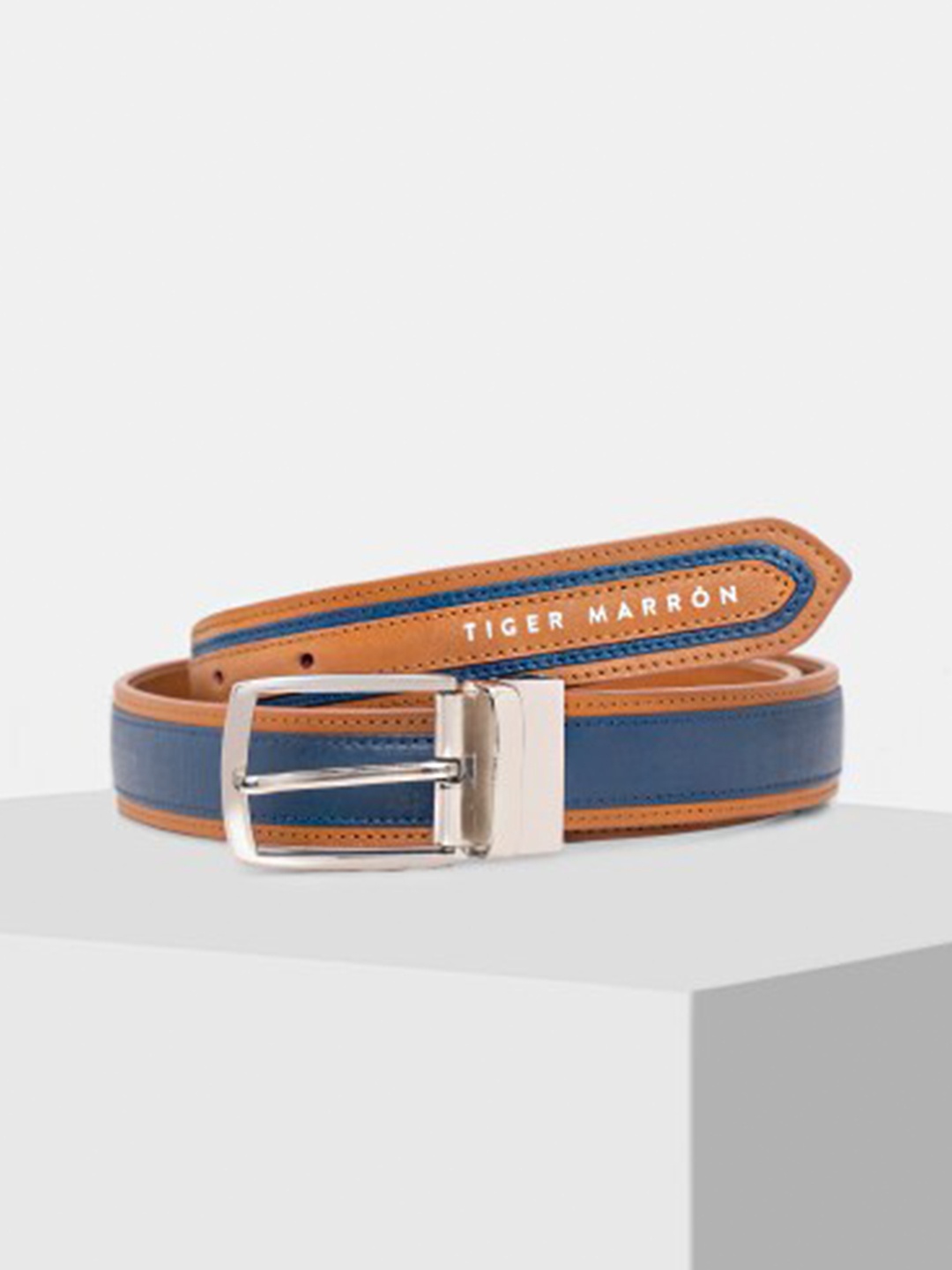 

TIGER MARRON Men Colourblocked Leather Reversible Belt, Blue