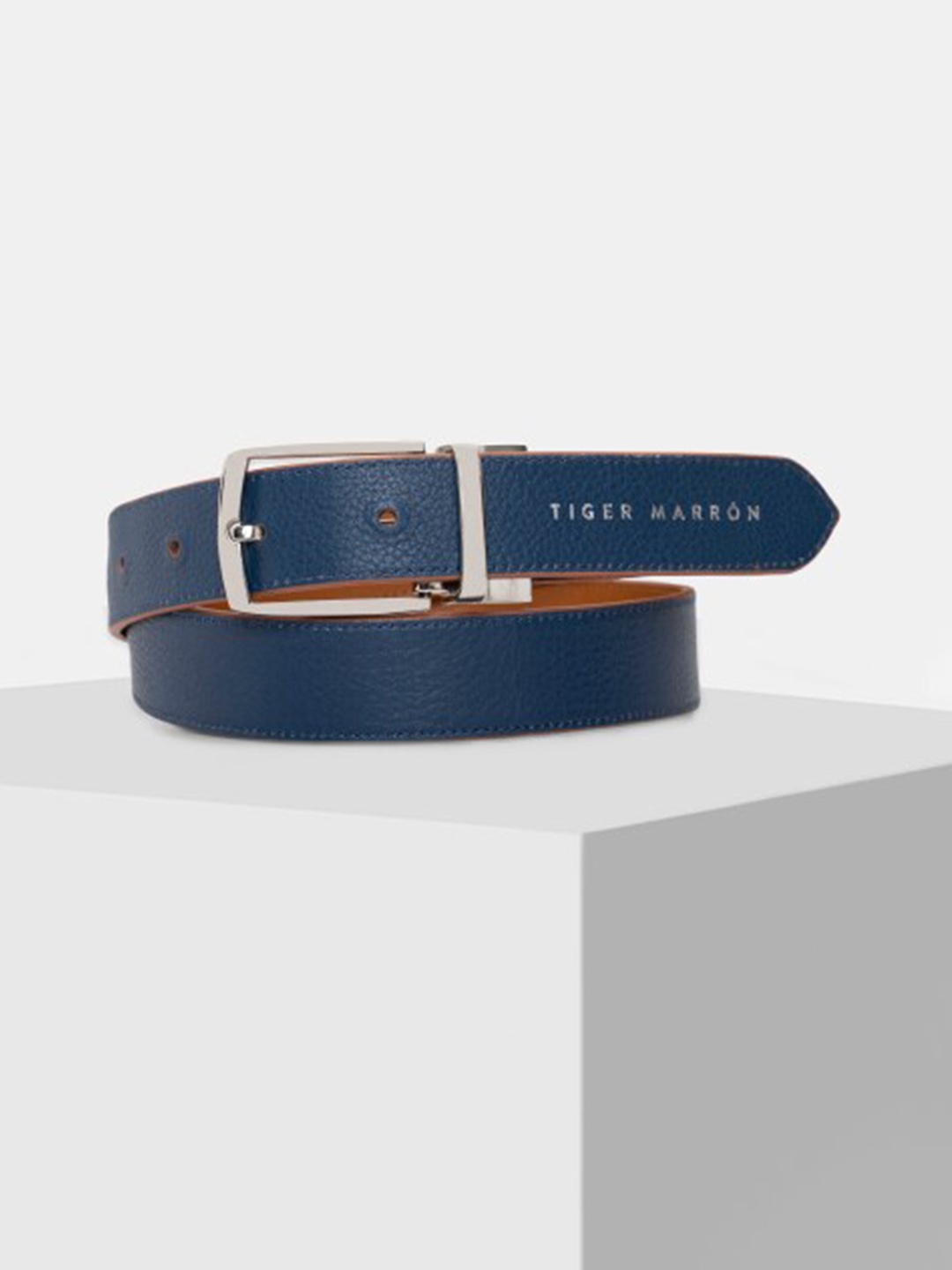 

TIGER MARRON Men Textured Reversible Leather Belt, Navy blue