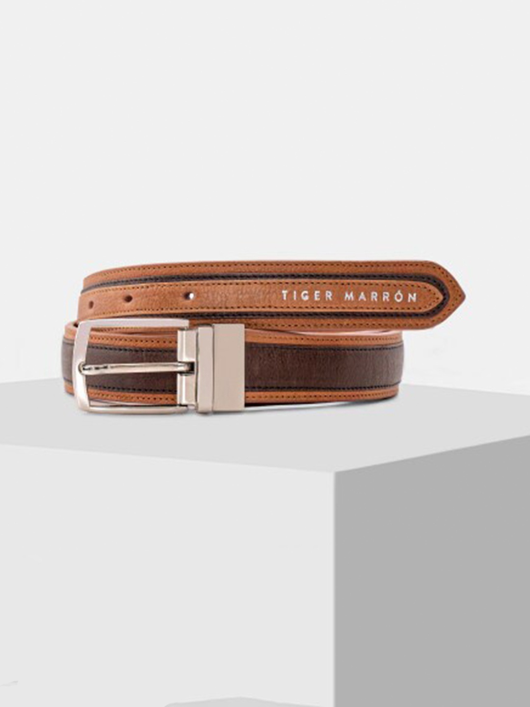 

TIGER MARRON Men Textured Reversible Leather Belt, Brown
