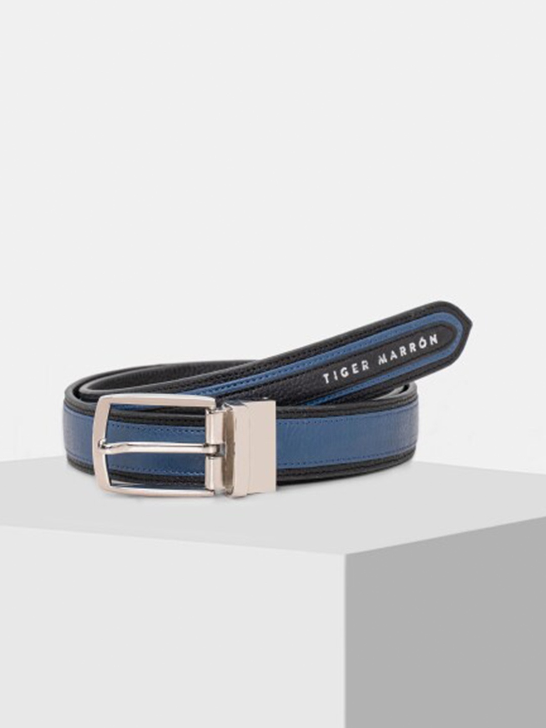 

TIGER MARRON Men Textured Reversible Leather Belt, Blue