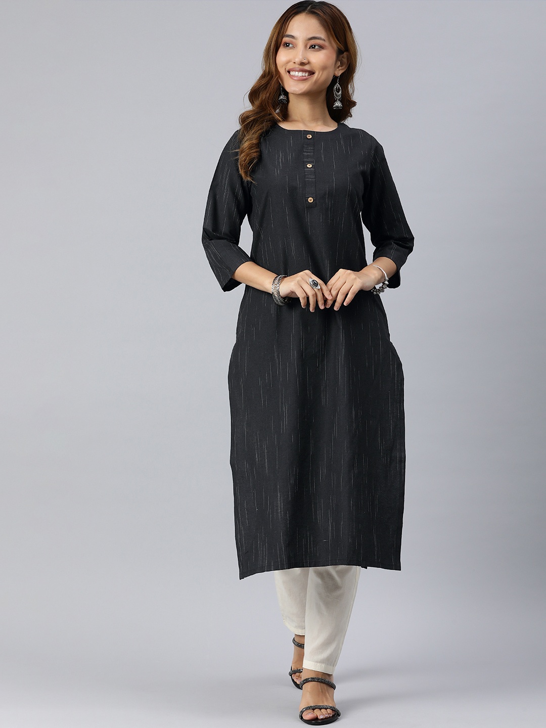 

KALINI Woven Design Straight Kurta, Black