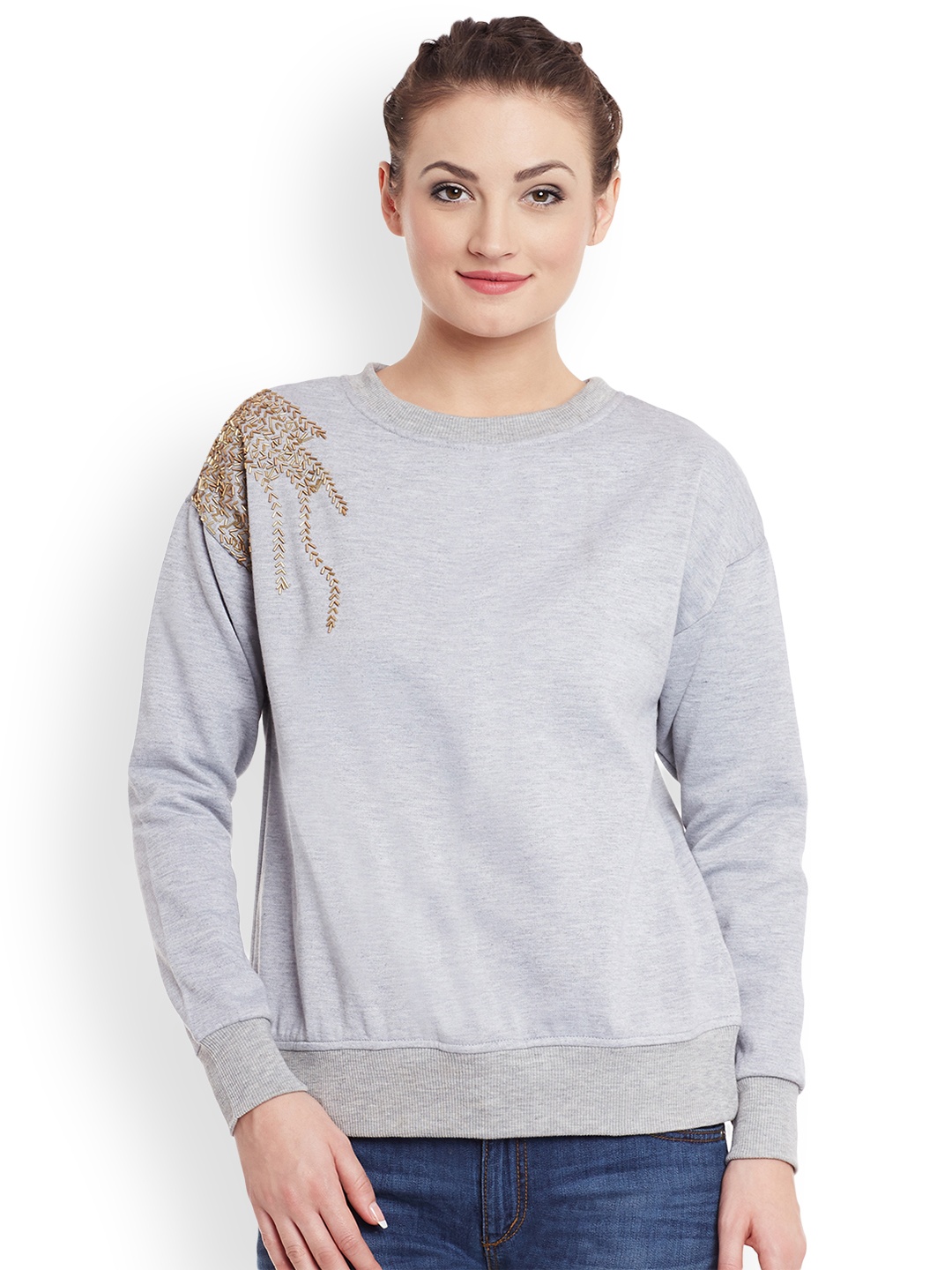 

Belle Fille Women Grey Melange Solid Sweatshirt