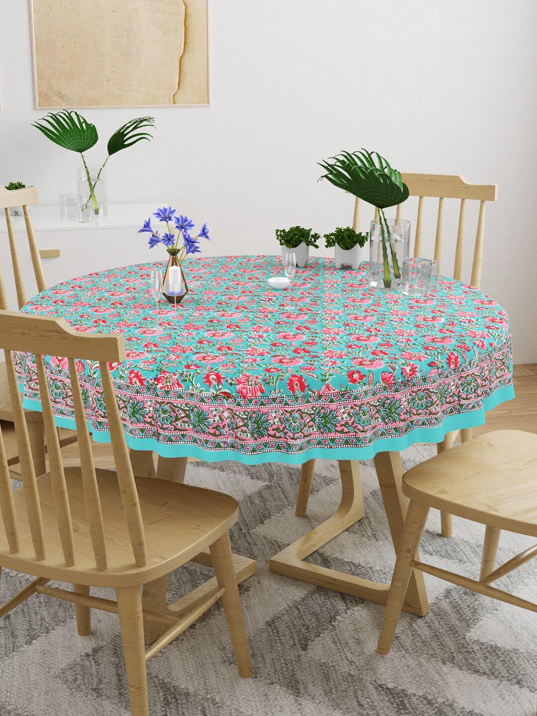

BLOCKS OF INDIA Turquoise Blue & Pink Floral Printed Cotton Round 4-Seater Table Cloth