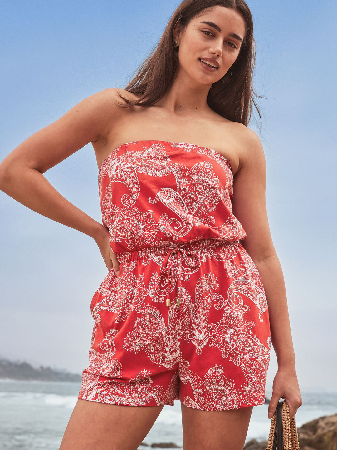 

NEXT Off Shoulder Paisley Printed Cotton Jumpsuit, Red