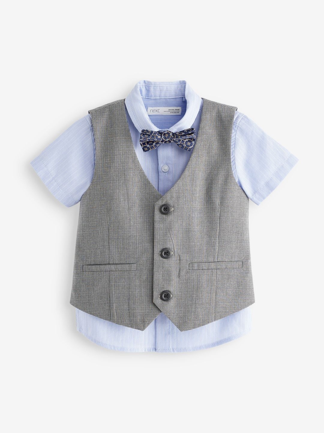 

NEXT Boys Pinstriped Pure Cotton Shirt With Waistcoat & Bow Tie, Blue