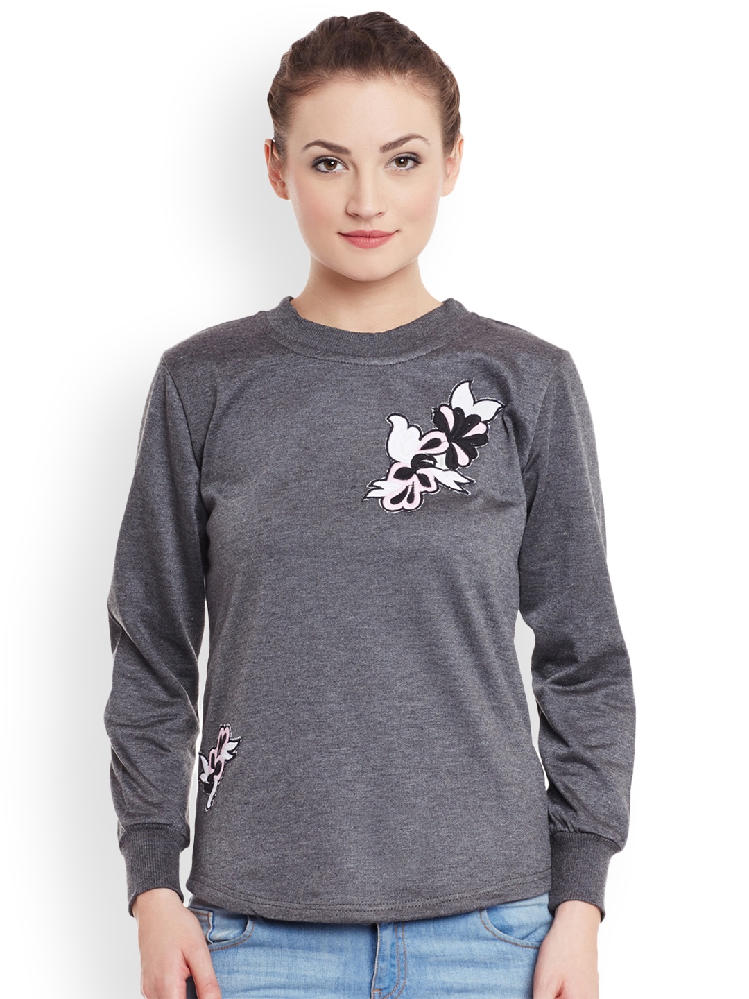 

Belle Fille Women Grey Melange Solid Sweatshirt