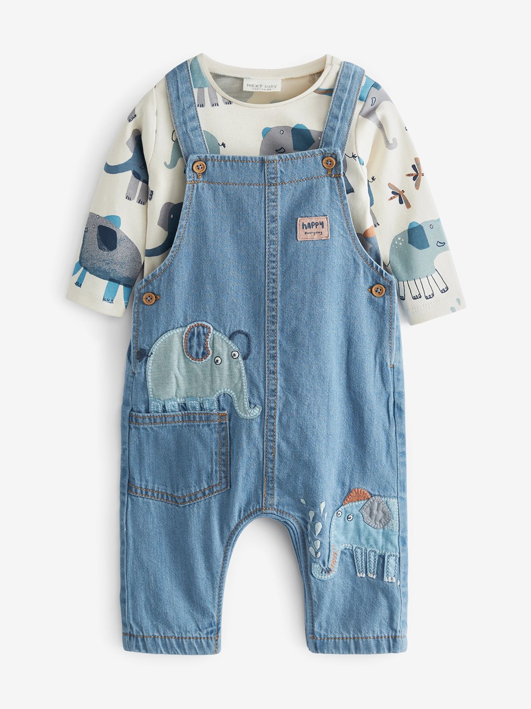 

NEXT Boys Pure Cotton Denim Dungarees With Bodysuit, Blue