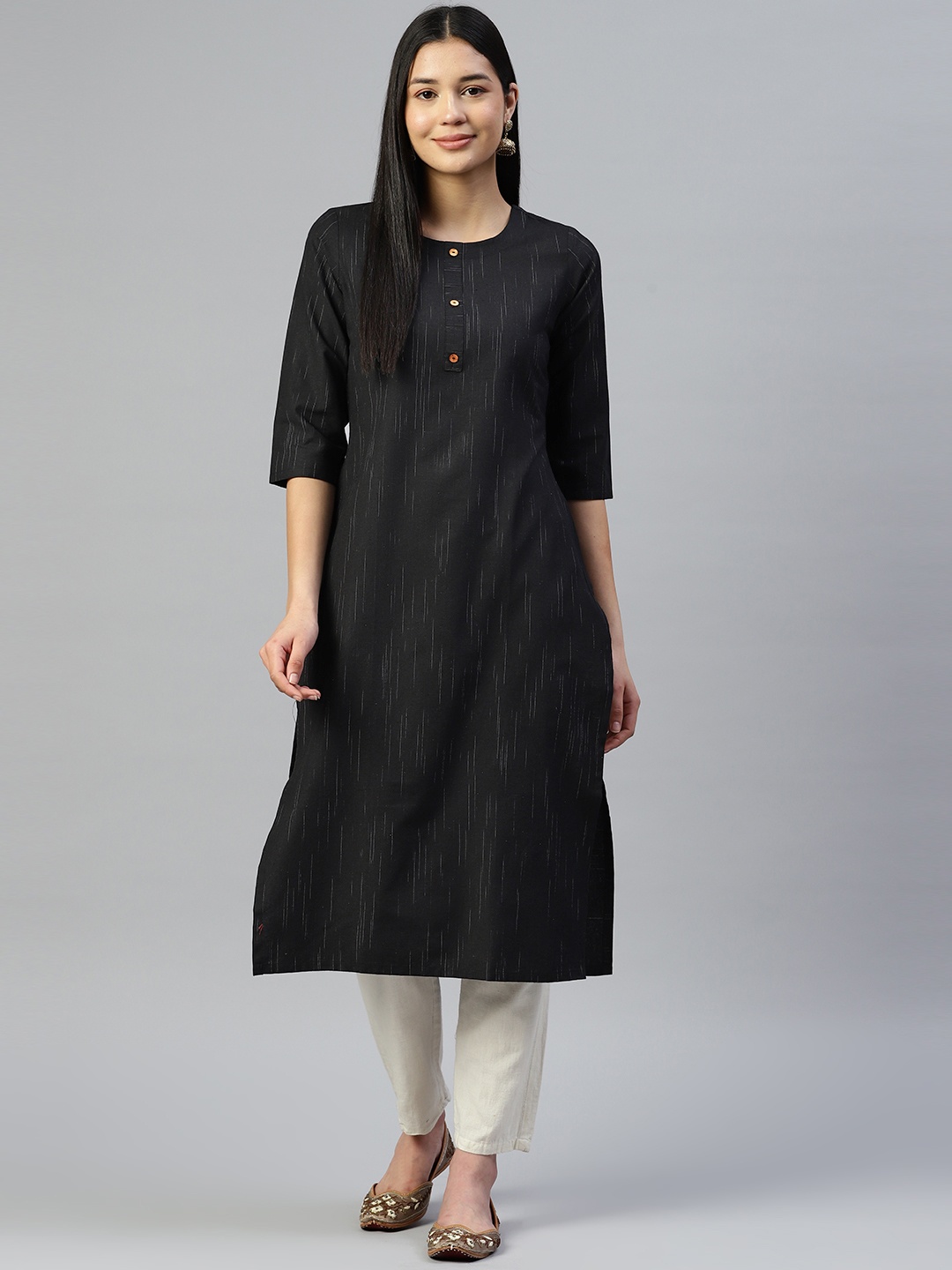 

HRITIKA Striped Cotton Kurta, Black