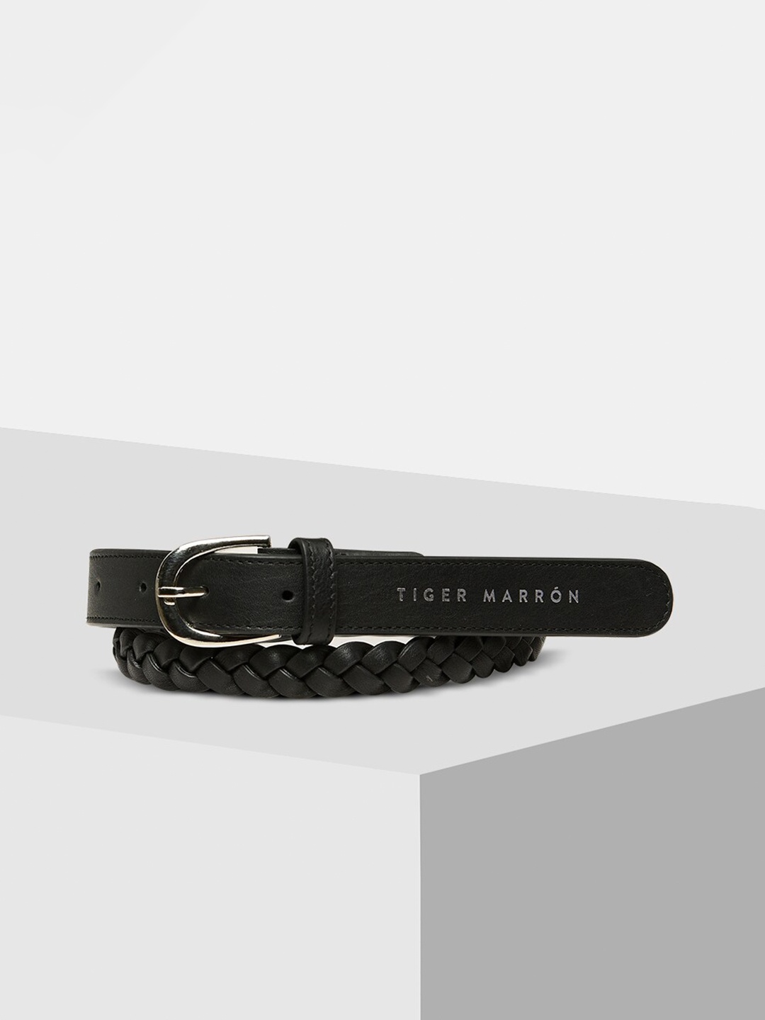 

TIGER MARRON Women Textured Leather Slim Belt, Black