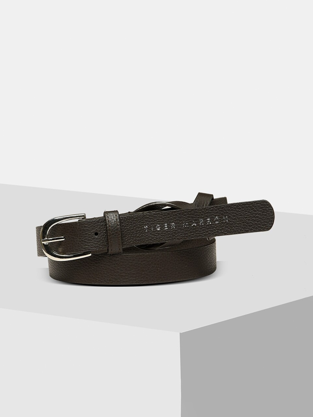 

TIGER MARRON Women Textured Leather Slim Belt, Coffee brown