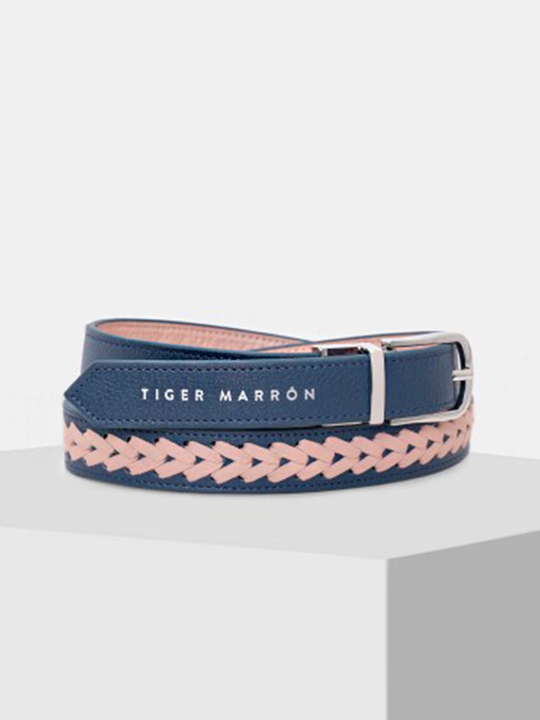 

TIGER MARRON Women Braided Reversible Leather Belt, Blue