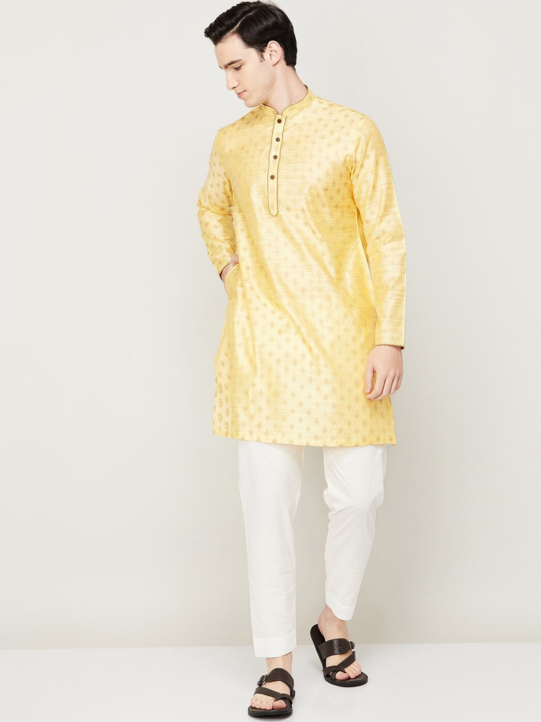 

Melange by Lifestyle Ethnic Motifs Printed Pure Cotton Kurta With Pyjamas, Yellow