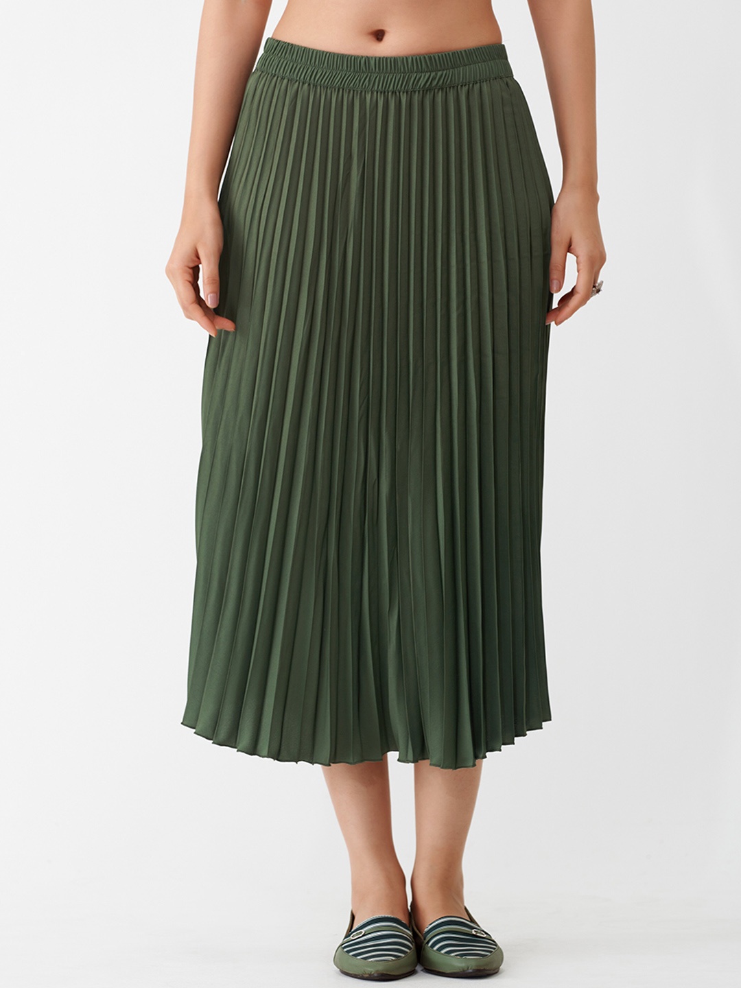 AASK Pleated Crepe Midi Flared Skirt, Green