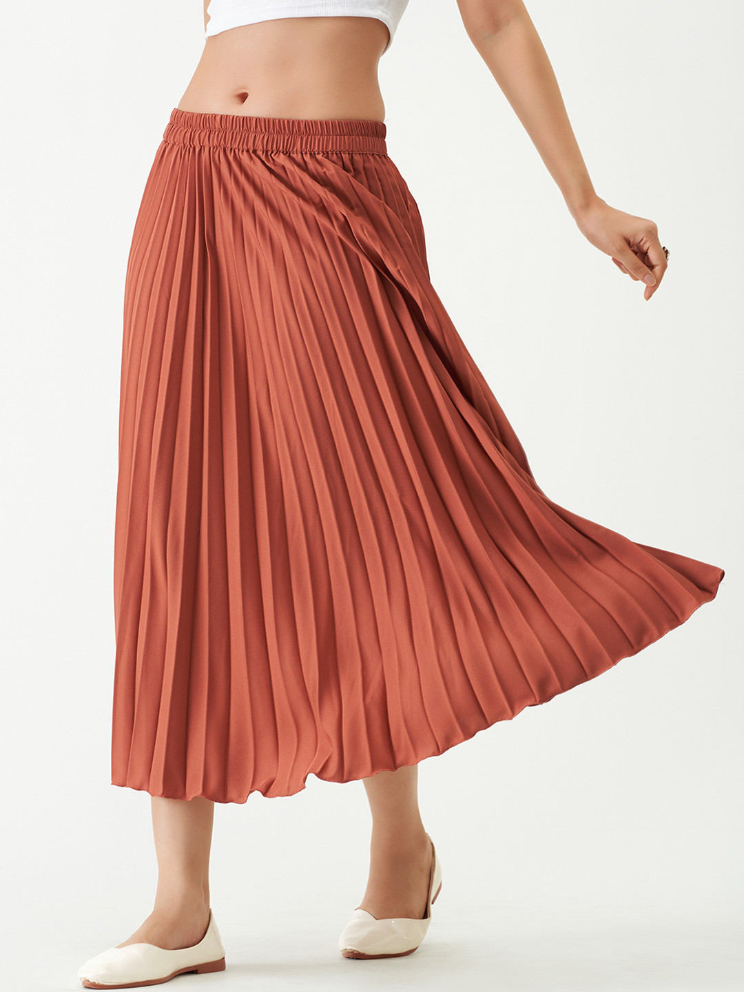 

AASK Pleated Crepe Midi Flared Skirt, Rust