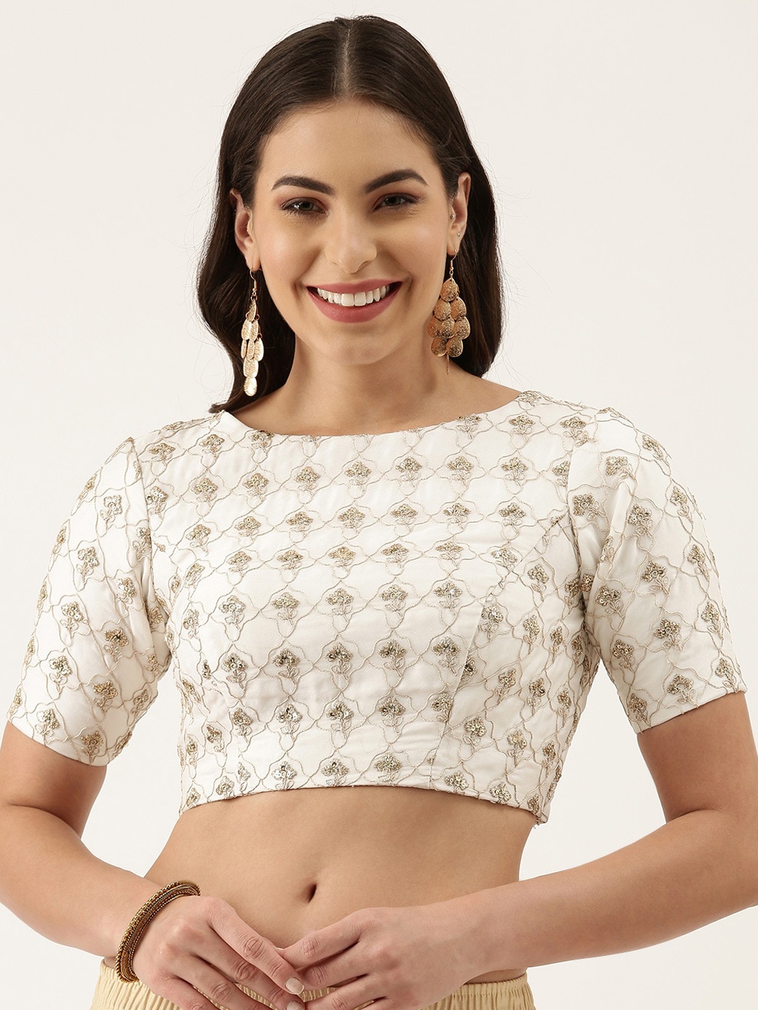 

panchhi Embroidered Silk Boat Neck Saree Blouse, Off white
