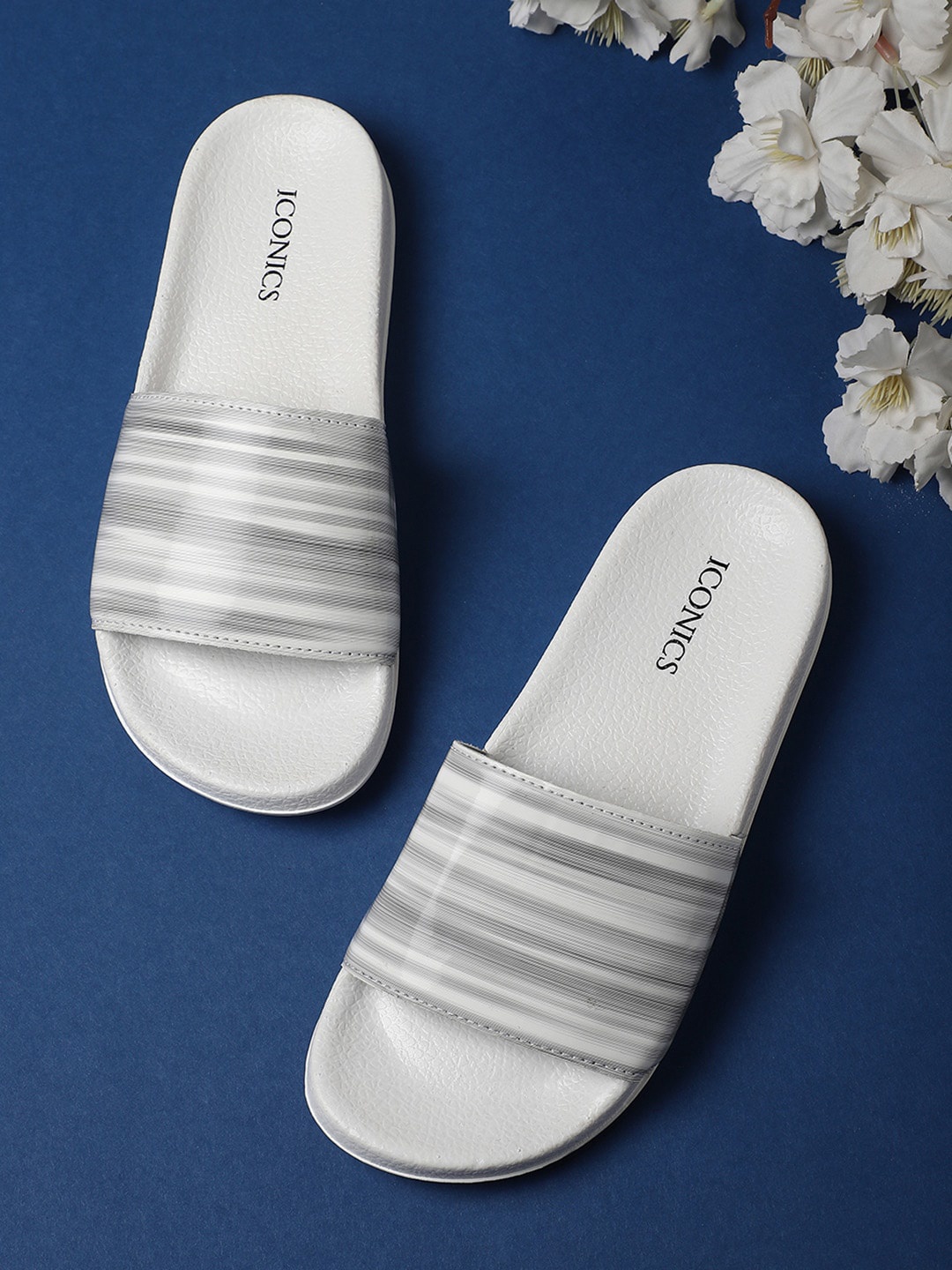 

ICONICS Women Striped Open Toe Sliders, White