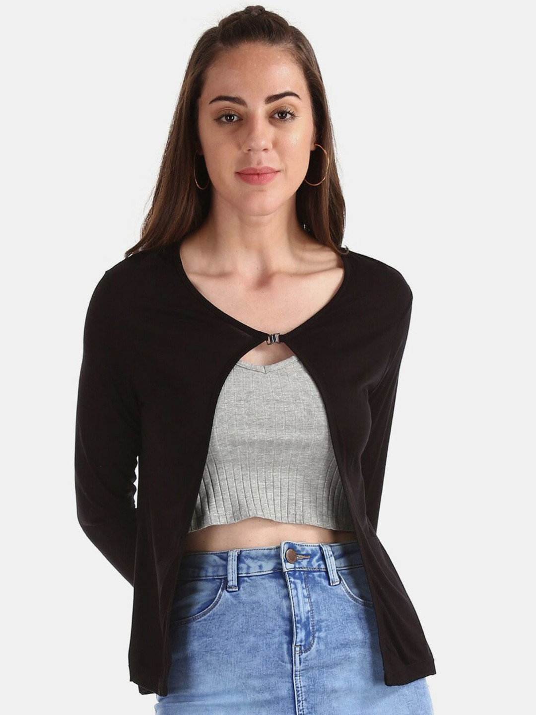 

V-Mart Women Straight Hem Cotton Button Closure Shrug, Black