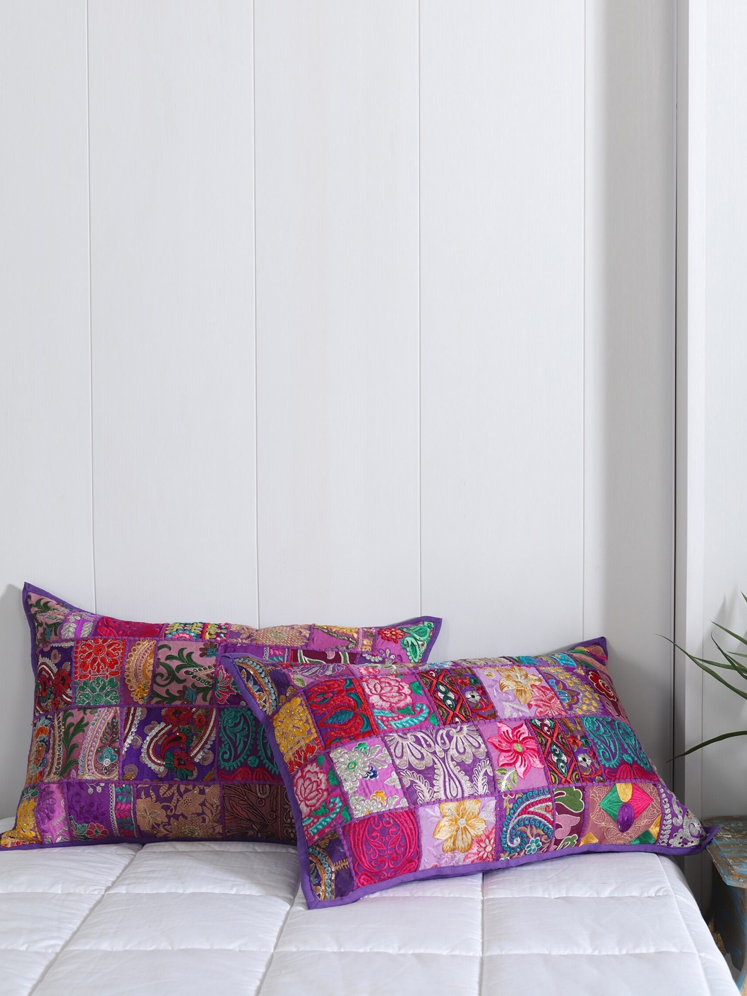 

HANDICRAFT PALACE Purple & Blue 2 Pieces Patchwork Embroidered Cotton Pillow Covers