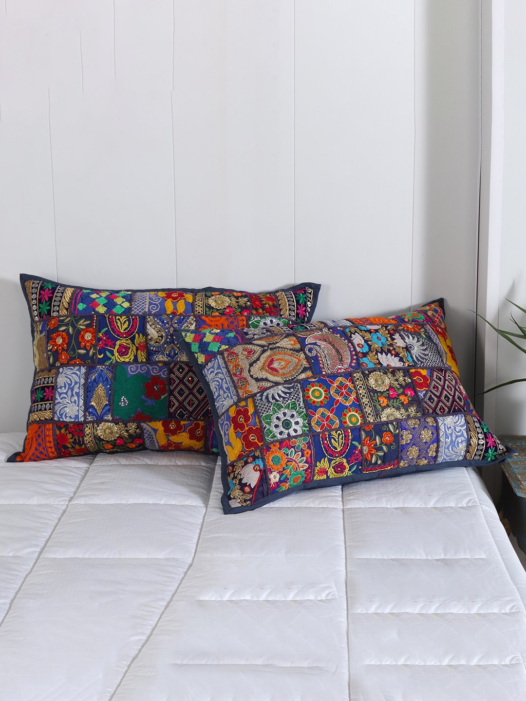 

HANDICRAFT PALACE Blue & Red 2 Pieces Patchwork Embroidered Cotton Pillow Covers