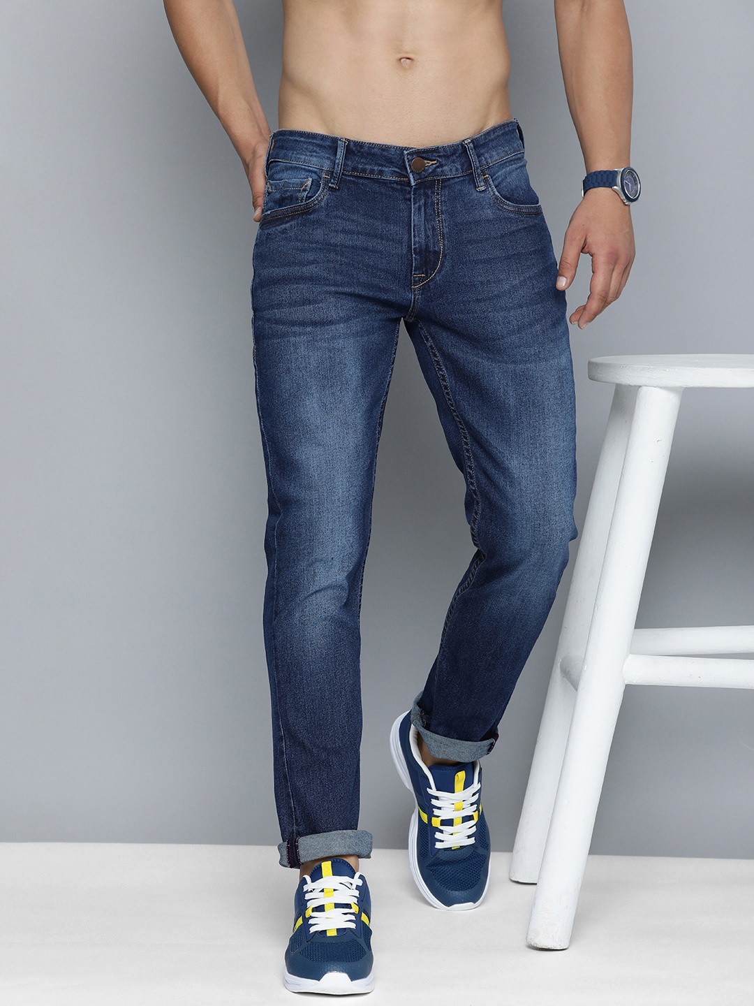 

HERE&NOW Men Slim Fit Heavy Fade Stretchable Mid Rise Jeans, Blue